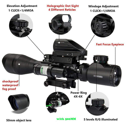 TAC-5: 4-12x50 Illuminated Reticle Scope Package - Includes 4 Mode Dot Sight and Green or Red Laser