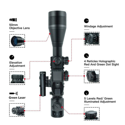 TAC-5: 4-12x50 Illuminated Reticle Scope Package - Includes 4 Mode Dot Sight and Green or Red Laser