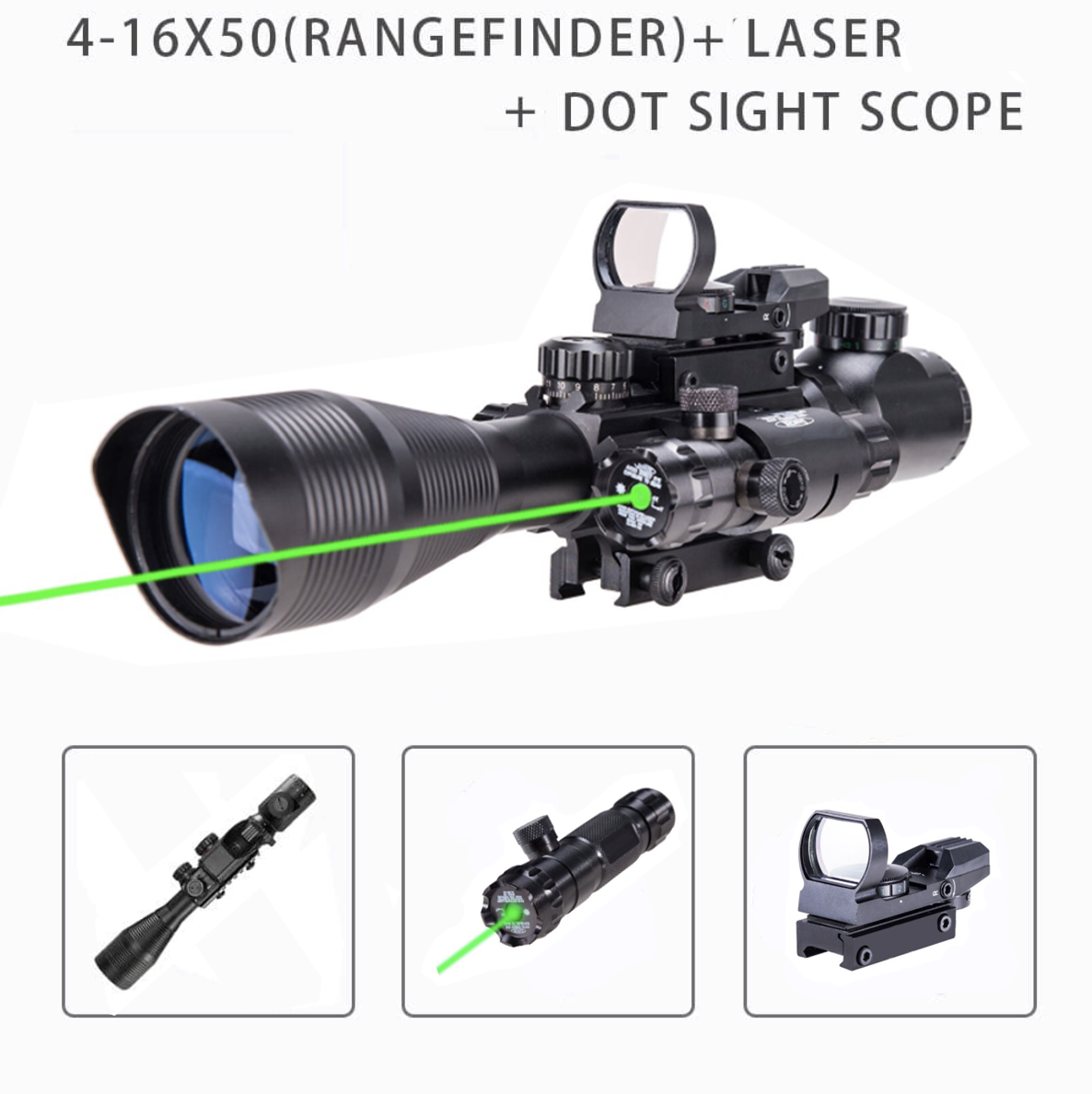 TAC-5: 4-12x50 Illuminated Reticle Scope Package - Includes 4 Mode Dot Sight and Green or Red Laser